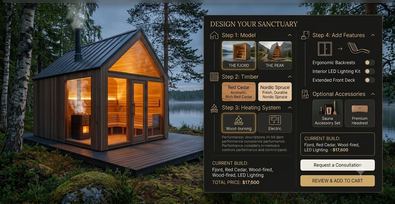 A cedar sauna with a wood-fired chimney on a lakeside deck