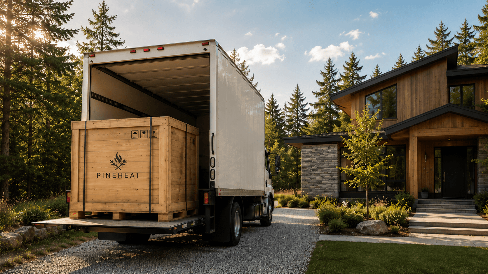 A freight truck delivering a crated sauna to a home driveway