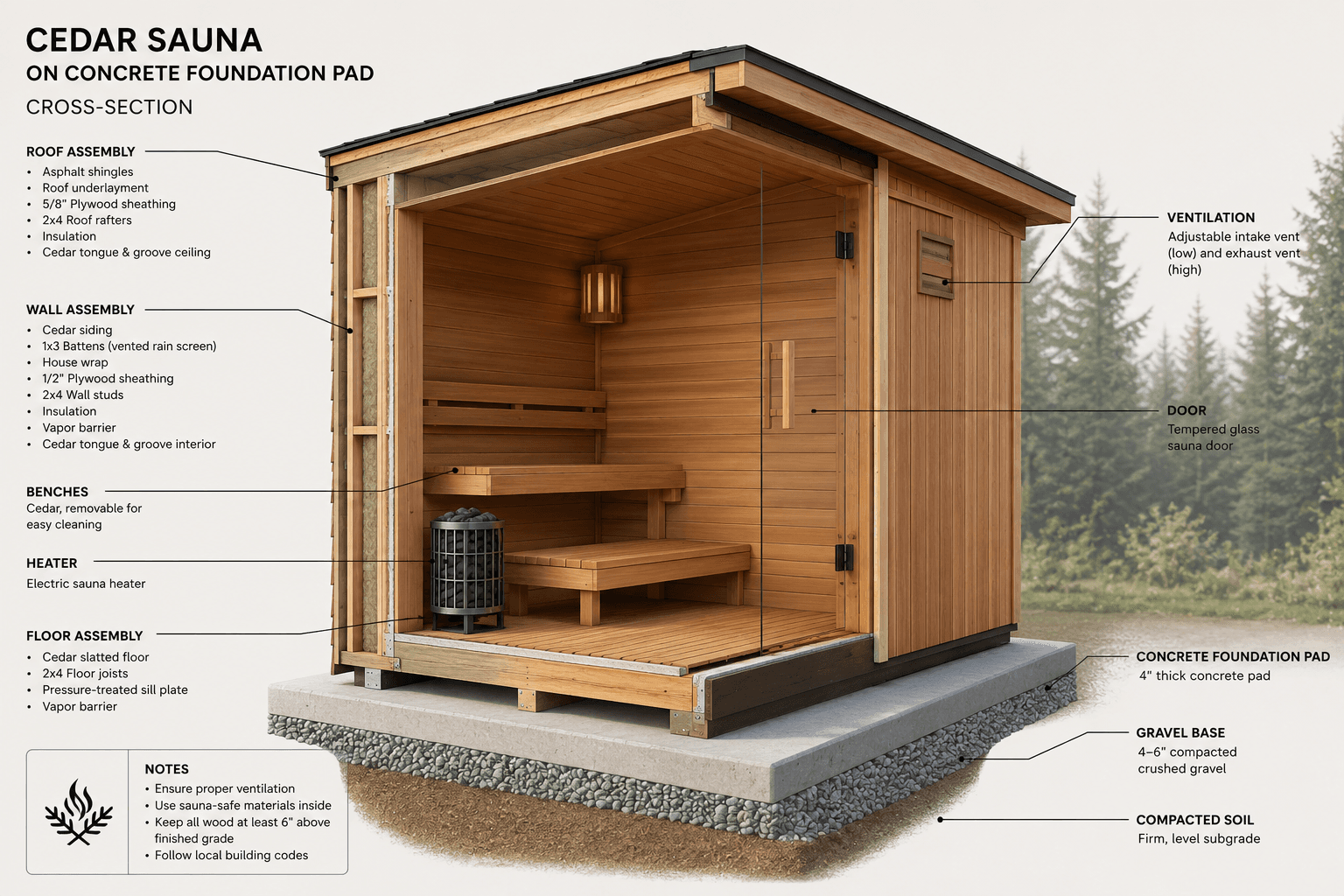 Cutaway diagram of a cedar sauna on a level foundation pad