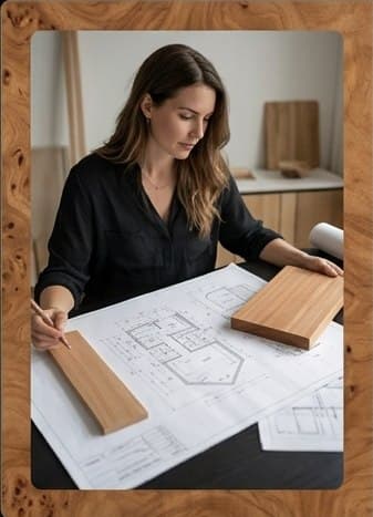 A design consultant reviewing sauna floor plans with cedar samples