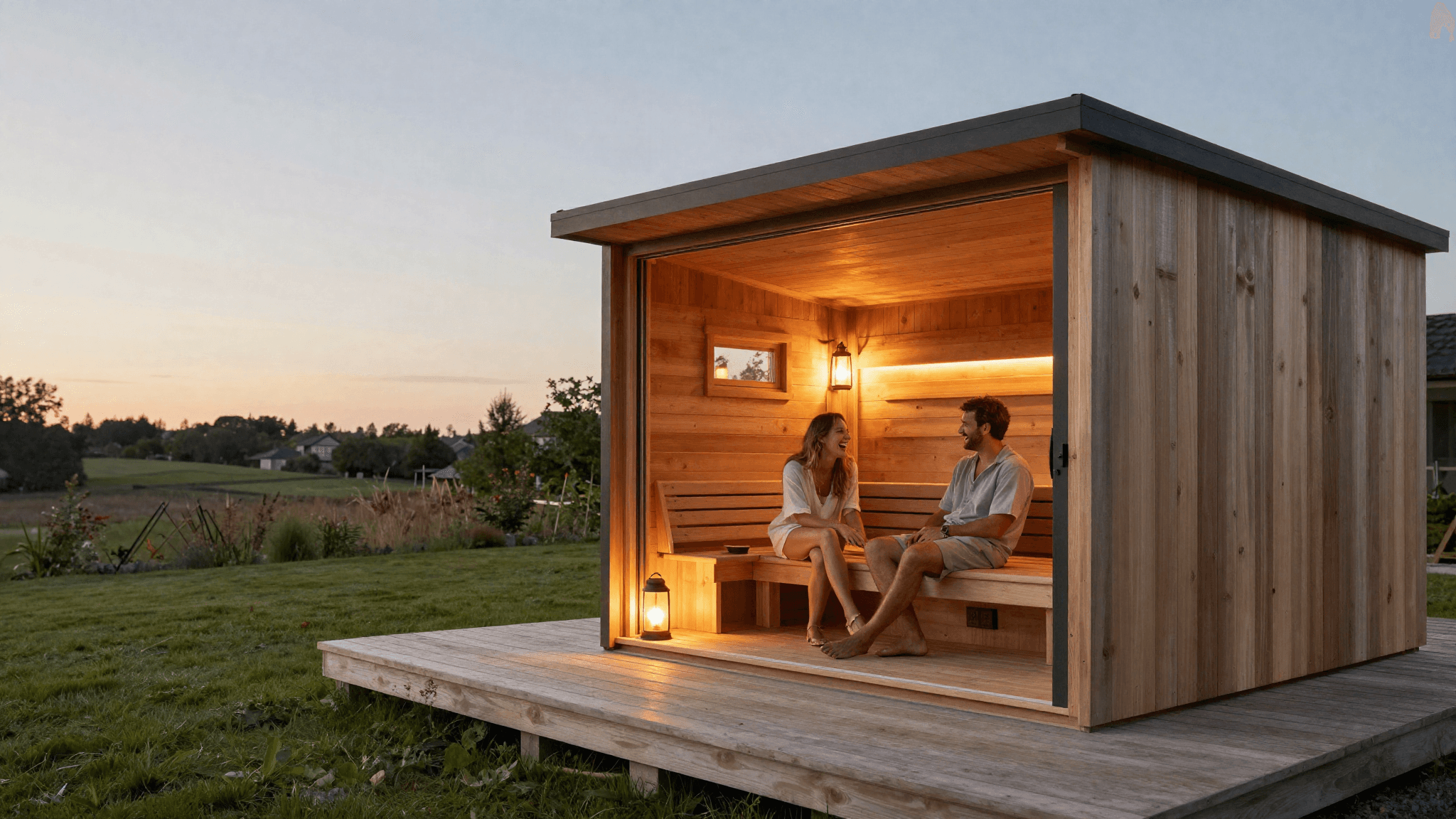 A couple relaxing on the cedar deck beside a modern outdoor sauna at dusk