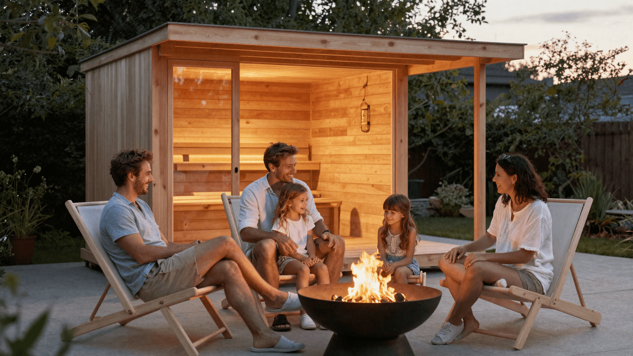 A family relaxing together by a fire bowl beside their outdoor sauna at dusk